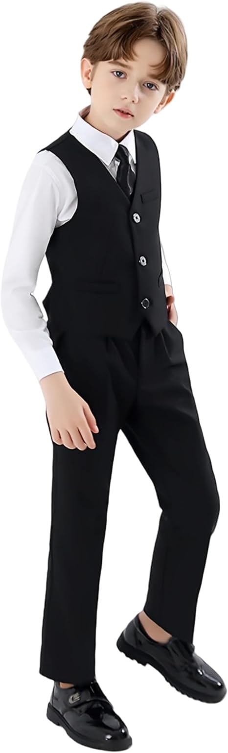 DANUOKU Boys' Suits 4PCs Vests Pants Shirts Bowtie Sets Child Tuxedos Outfits Suitable for Boys Aged 4-10 Years
