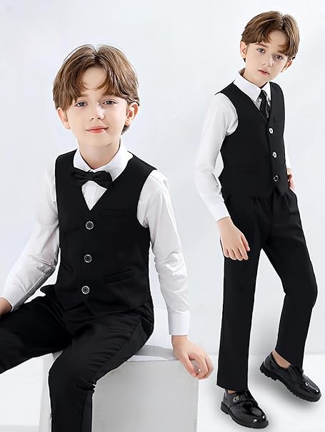 DANUOKU Boys' Suits 4PCs Vests Pants Shirts Bowtie Sets Child Tuxedos Outfits Suitable for Boys Aged 4-10 Years