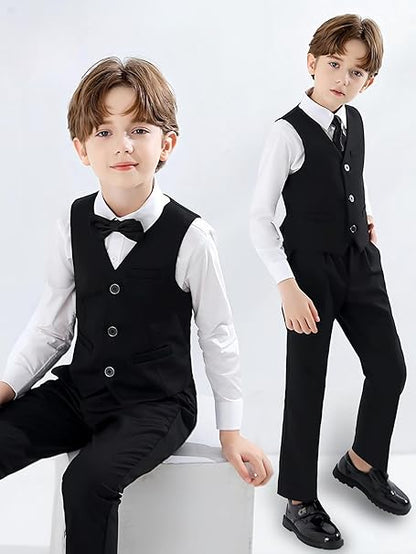 DANUOKU Boys' Suits 4PCs Vests Pants Shirts Bowtie Sets Child Tuxedos Outfits Suitable for Boys Aged 4-10 Years