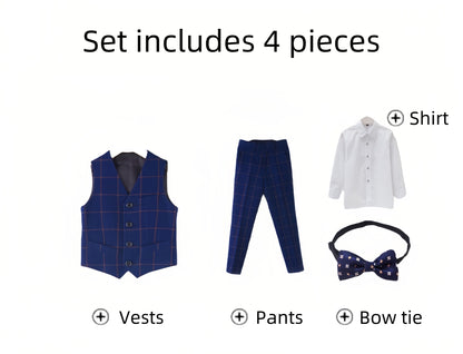 DANUOKU Boys' Suits 4PCs Vests Pants Shirts Bowtie Sets Child Tuxedos Outfits Suitable for Boys Aged 4-10 Years